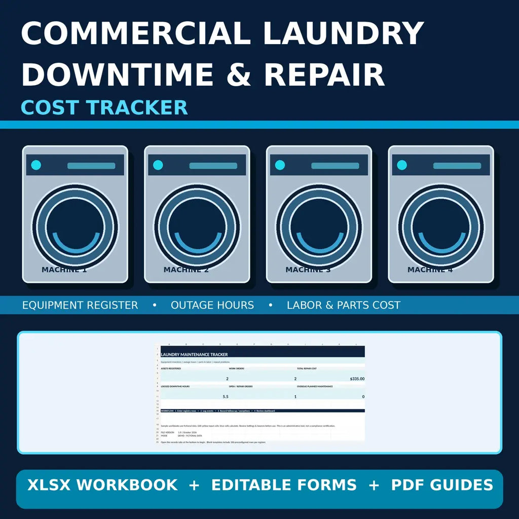 Commercial Laundry Equipment Downtime & Repair-Cost Tracker illustrative product cover
