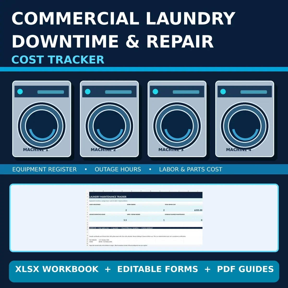 Commercial Laundry Equipment Downtime & Repair-Cost Tracker illustrative product cover