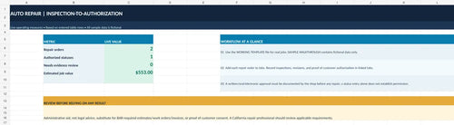 Actual Auto Repair Inspection & Authorization Toolkit Excel dashboard